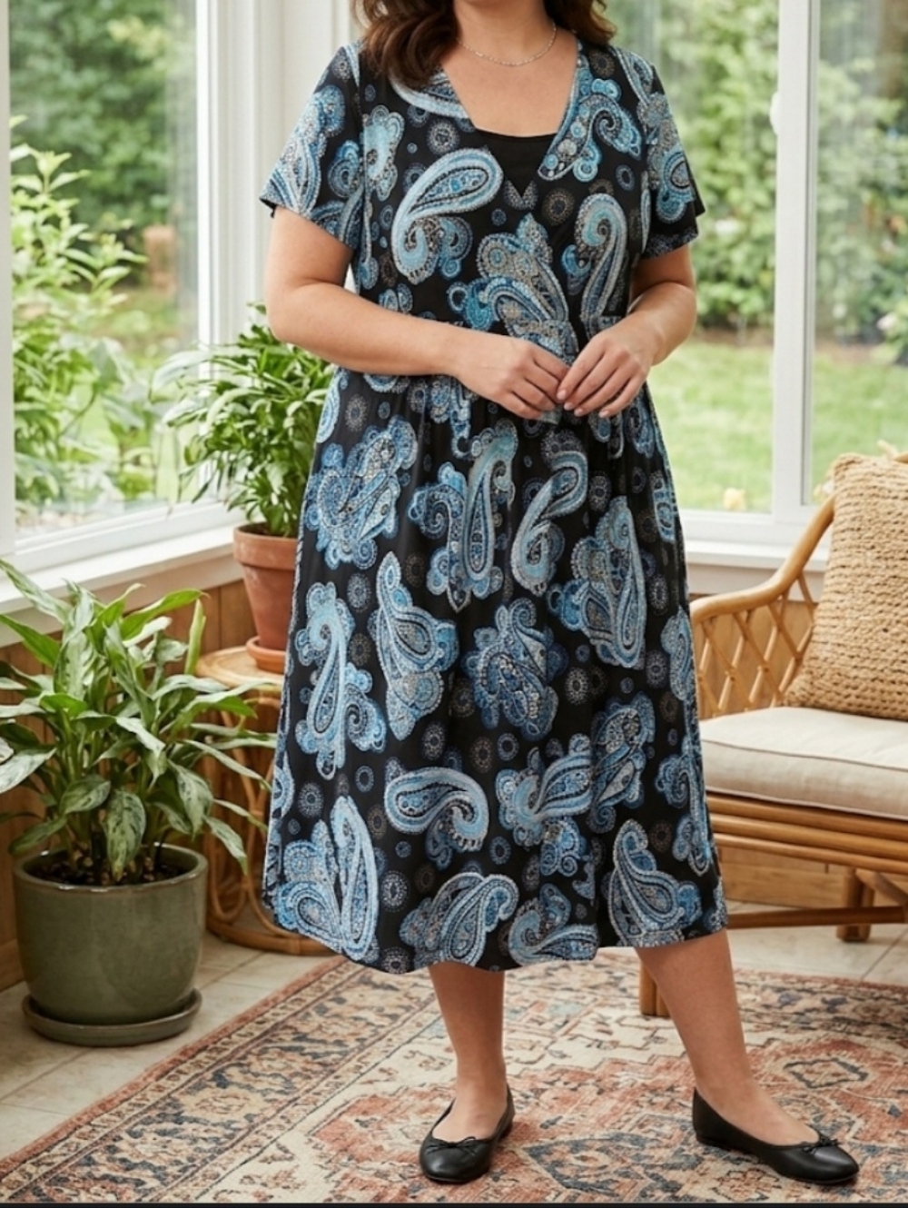 croft & barrow Black Midi Dress with Blue Paisley Print